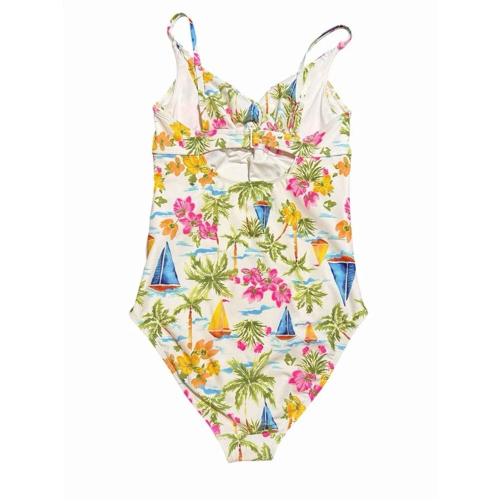 Old Navy Tropical One Piece Swimsuit Palm Floral Back Cut Out Adjustable Strap M